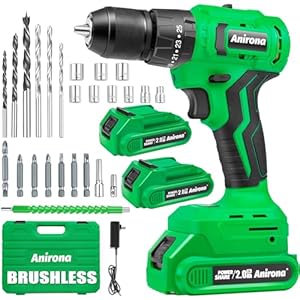 ANIRONA 20V Brushless Cordless Power Drill, 25+3 Hammer Drill Driver with 2×2.0Ah Batteries and Charger,450 In-lbs Torque, 3/8” Metal Keyless Chuck, 2-Variable Speeds,25 Bit Set with Case for Concrete