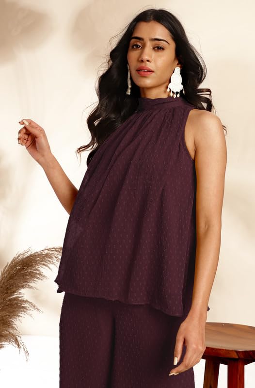 Image of Janasya Women's Chiffon Woven Design Gathered Co-Ord Set