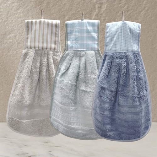 Image of Hanging Hand Towel | Wash Basin Napkin with Loop | Kitchen Sink Towel | Pack of 3 in (Blue, Green and Cream) | Assorted