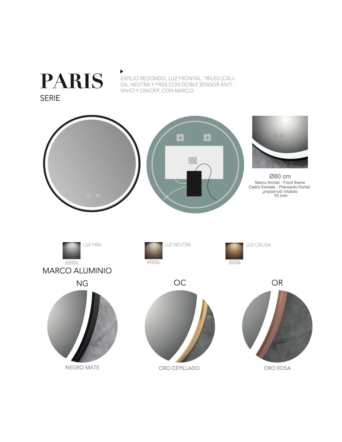 Mice Specchio con luce LED per bagno, camera da letto, spogliatoio - Specchio rotondo, luce frontale triled (luce calda, neutra e fredda) con doppio sensore antovaho e on/off, Ø 70 cm cornice oro