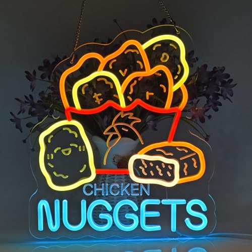 Image of Chicken Nuggets Neon Sign, Neon Lights Hanging Wall Art Decoration for Business Restaurant Shop Store House Bar Cafe Party Home Decor, USB Powered Ultra Bright Dimmable,14.57x12.6inches