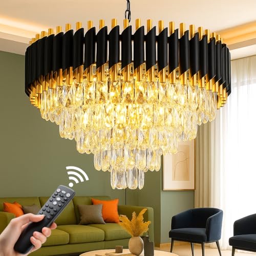 Image of Luxury Black Mamba Crystal Chandelier | Moving Round LED Ceiling Light with Bluetooth Speaker & Remote | RGB Colour Changing | Living Room Chandelier (Moving Black Gold, 600MM)