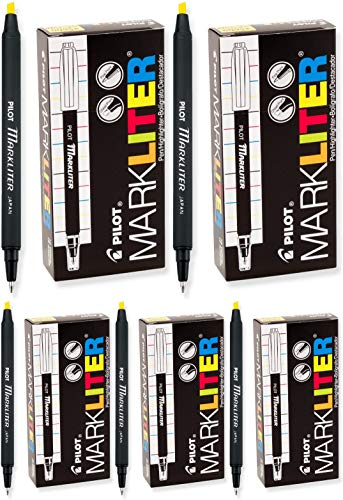 PILOT Markliter Stick Pen & Highlighter, Black Ballpoint Ink/Yellow Highlighter, 12 Count (45600),Yellow/Black - 5 Pack