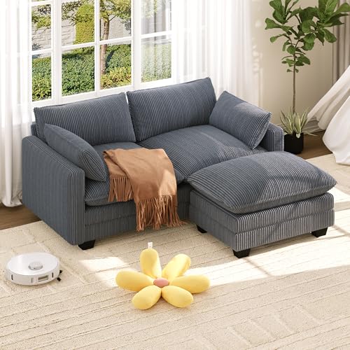 Xbro Ecksofa L Form mit Ottomane, Modulares 2-Sitzer Cloud Sofa aus Cord Stoff mit Abnehmbaren Bezügen, Couch mit Hochdichter Schaumstoffpolsterung für Wohnzimmer Schlafzimmer, Schwarz