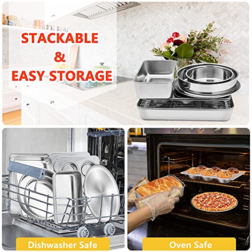 9 Pcs Bakeware Set, P&P Chef Stainless Steel Kitchen Bakeware Pans, Including Toaster Oven Pan/Cooling Rack/Lasagna Pan/Round Cake Pans/Muffin/Loaf/Pizza Pan, Healthy & Durable, Dishwasher Safe #TOP6