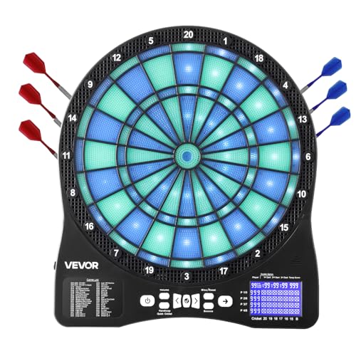 VEVOR Diana Electrónica 342,9 mm, con Iluminación LED, 48 Juegos, 500 Variantes, Incluye 6 Ejes de Dardos con Plumas y 50 Puntas de Repuesto, Pantalla LCD con Marcador de Críquet, a 8 Jugadores