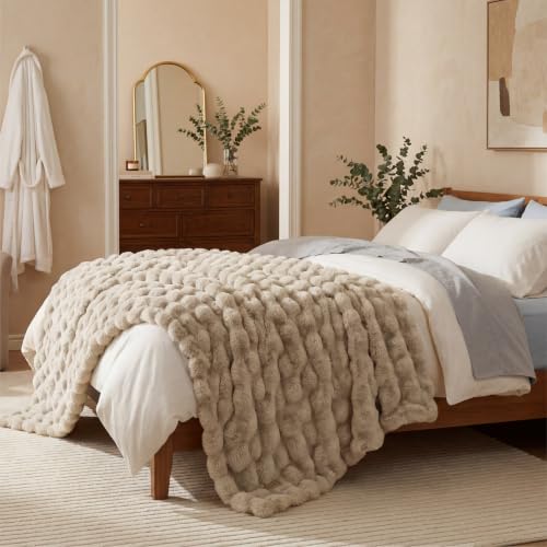 Image of Bedsure GentleSoft Bubble Faux Fur King Size Blanket for Bed, Fluffy Fuzzy King Blanket for Winter, Soft Cozy Faux Fur Bedding Thick Warm Plush Decor for Bedroom, Beige, 104x90