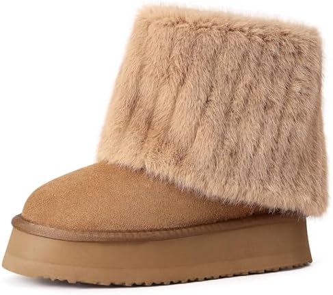 Pasuot Platform Fur Boots for Women - Genuine Cow Suede Platform Furry Faux Fur Boots, Fuzzy Fleece Lined Ankle Boots, Warm Winter Classic Short Mini Bootie for Indoor Outdoor, Anti-slip Sole, 8