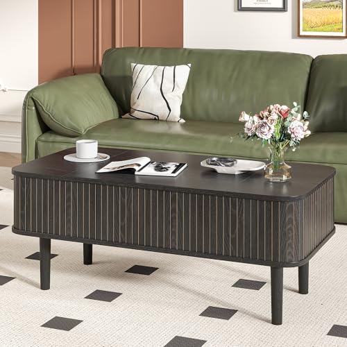 Image of Fluted Lift Top Coffee Table with Storage, Mid Century Modern Coffee Table for Living Room, Home Small Space,39.4 inch Fluted Center Table (Rectangle-Black, 39.4inch)