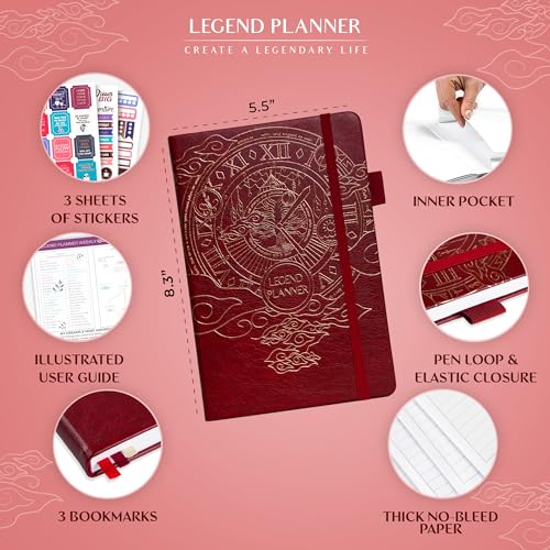 Image of Legend Planner Undated, Weekly & Daily Goal Journal, A5 Wine Red