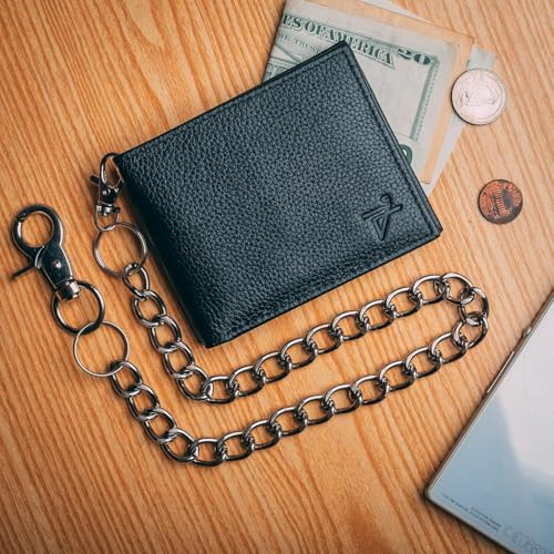 J T C JUZAR TAPAL COLLECTION Genuine Leather Bifold Wallet for Men RFID Blocking, ID Window, Card Slots, 20" Biker Chain (J520BF, Black)3