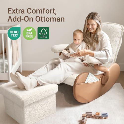Image of MAMAZING Lullabud Nursery Rocking Chair with Adjustable Armrests for Living Room, Upholstered Nursing Chair with Removable Cover for Breastfeeding(Brown /Beige)