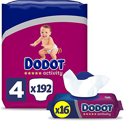 Dodot Pañales Bebé Activity Talla 4 (9-14 kg), 192 Pañales con Ajuste Más Resistente + Toallitas Activity, 16 Paquetes (16x54), Recuperan el pH Natural de la Piel