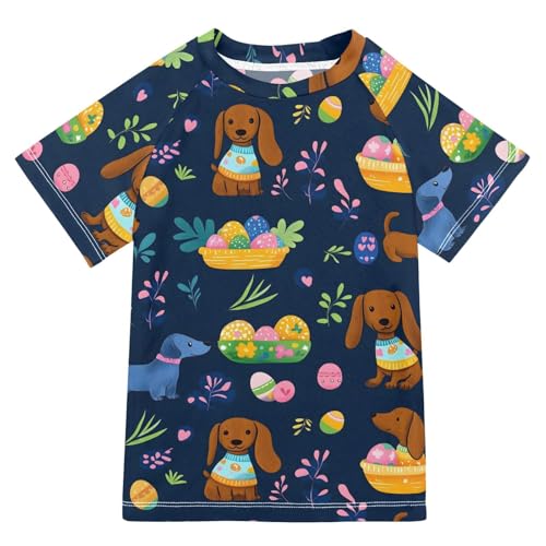 Boys Rash Guard Short Sleeve Swim Shirts for Boys Easter Dachshund Sun Protection 7-8T
