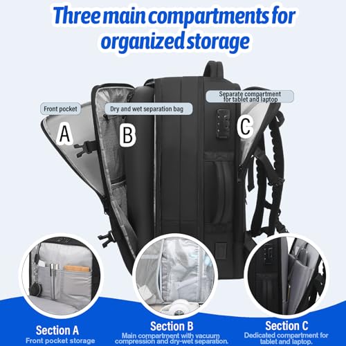 Vacuum Seal Travel Backpack W/Pump Built-in - 65L Water-Resistant Carry-On Vacuum Backpack Travel Bag Expandable Air Compression System with TSA Lock Fits19" Laptop (Black) 5