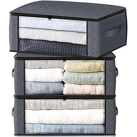HomeHacks Storage 3-Pack Clothes Organizer Storage Bags Foldable Storage Box with Large Clear Window Sturdy Handles for Closet, Dorm, Pillows, Bedding, Clothes, Stuffed Toys, Blankets, Grey Cover