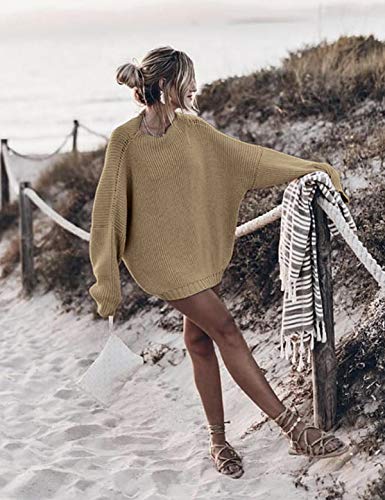 Image of Ugerlov Women's Oversized Sweaters Batwing Sleeve Mock Neck Jumper Tops Chunky Knit Pullover Sweater