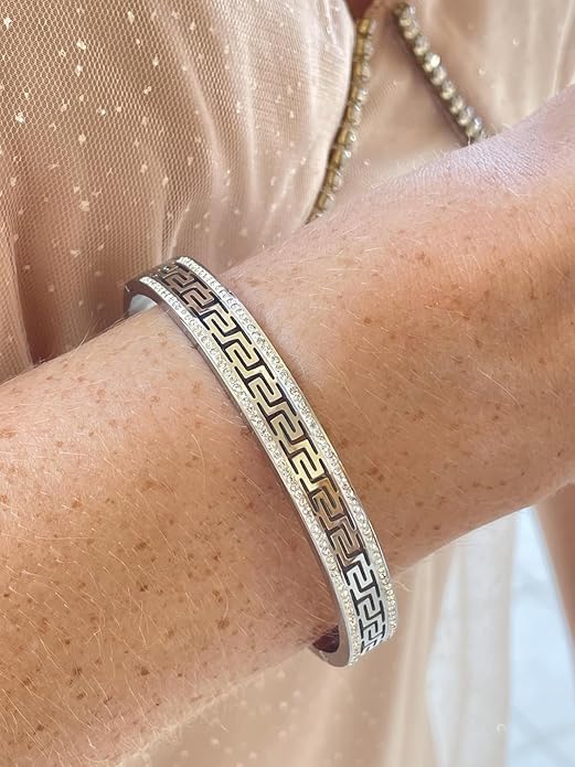 Pierre Lorren HANDMADE Fine Greek Jewelry SET Diamond Eternity Bangle Bracelet Greek Meander Earrings Gold Greek Jewelry 18kt Gold 272 Crystal Diamonds Graduation ETERNITY SUCCESS gift - Image 4