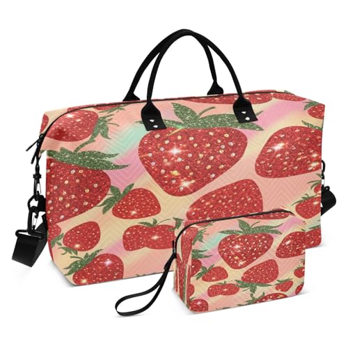​​Large Foldable Travel Duffel Bag, Waterproof Gym Bag for Men & Women, Carry-On Luggage Weekender Overnight Bag, Glitter Print Strawberry
