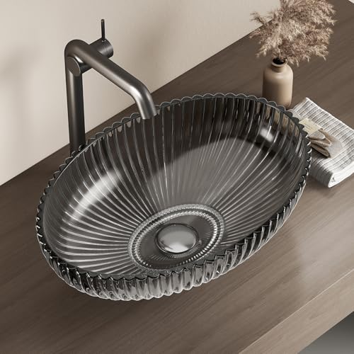 EMKE Lavabo à Poser en Verre Cristal, Ovale Noir, 51 x 35 x 15 cm, Vasque de Haute Qualité pour Salle de Bain et WC Invités, Sans Trou pour Robinet