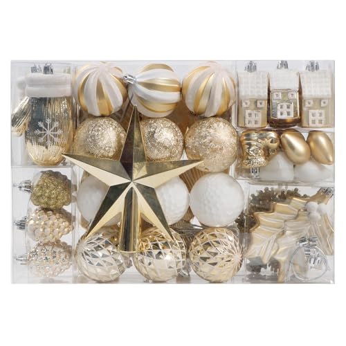 Christmas Ball Ornaments Set, 88ct 40mm 60mm Elegant White and Gold Assorted Xmas Tree Ball Ornaments, Shatterproof Christmas Tree Hanging Ornaments for Xmas Decoration