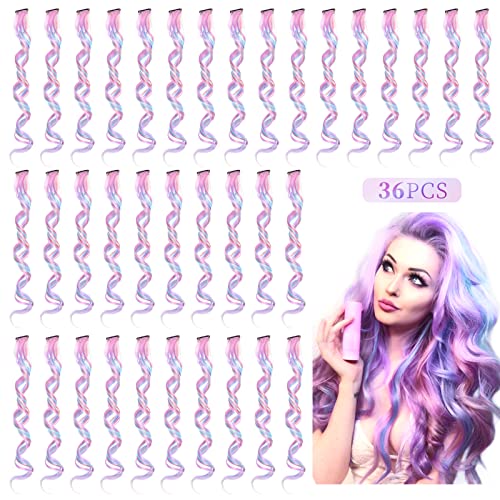 36 PCS Colored Clip in Hair Extensions 26 inch Mixed Color Long Curly Synthetic Hairpieces for Women Party Highlights in Colorful Hair Accessories (Pink/White/Light Blue/Light Purple)