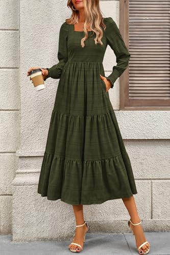 CFLONGE Women's Fall Dresses 2025 Puff Long Sleeve Square Neck Dress High Waist Smocked A-Line Flowy Wedding Party Maxi Dress3