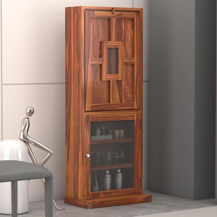 Image of SUNCOM Solid Sheesham Wooden Bar Cabinet for Home - Wooden Wine Rack for Home Bar - Foldable Modern Bar with Shelves & Glass Door Storage (Natural Finish)