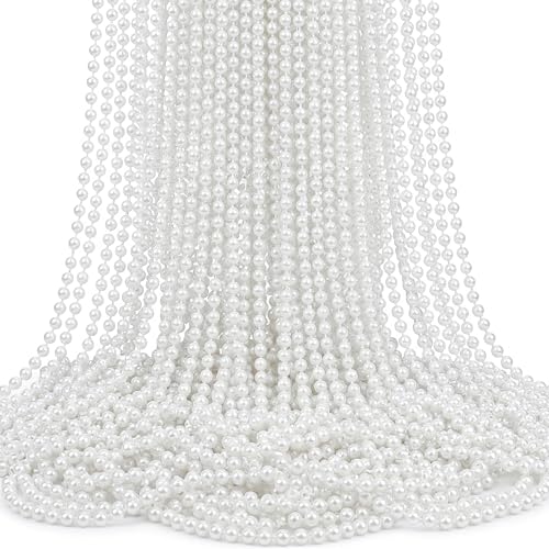 Hicarer 24 Pcs White Faux Pearl Necklaces Bulk White Beaded Necklaces 31.5 Inch for Women Girls...