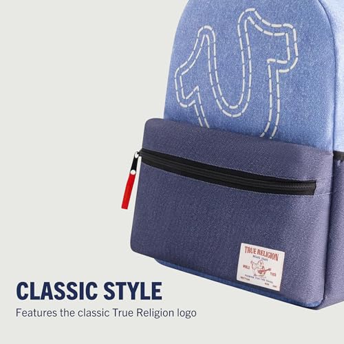 True Religion Mini Laptop Backpack, Denim Horseshoe Logo Small Computer Travel Bag Purse, Adjustable Shoulder Straps, Blue, 16 Inch3