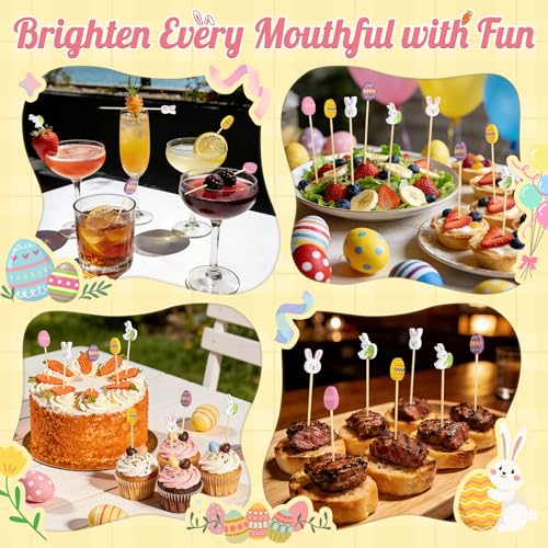 100PCS Easter Cocktail Picks, Bunny Fancy Toothpicks for Appetizers, 4.7 IN Long Bamboo Fruit Skewers, Wooden Food Sticks for Drinks Garnish Spring Party Decorations Charcuterie Boards Accessories