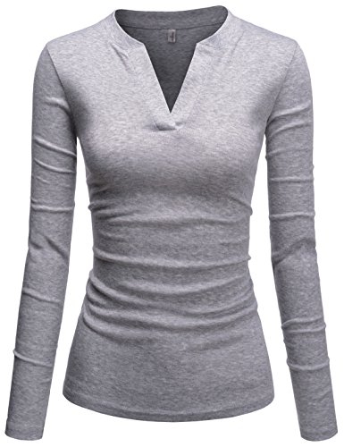 TheLees (NKWVT609 Womens Fitted Tee V-Neck Long Sleeve Daily Cotton Tshirts Gray US XXS(Tag Size XS)