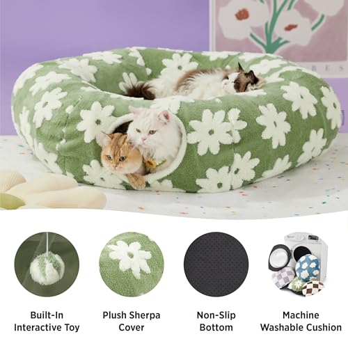 Image of Lesure Large Cat Tunnel Bed - Cute Donut Bed for Indoor Cats with Washable Circle Cushion, Round Pet Peekaboo Cave Toy for Multi Kitten /Puppy /Rabbit, Large Flower Garden Green