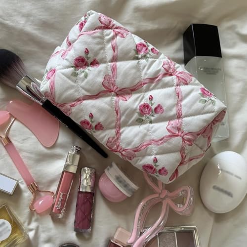 Trnerm Small Makeup Bag Quilted Cosmetic Bag Coquette Makeup Pouch Makeup Organizer Pink Ribbons Small Travel Makeup Bag Travel Toiletry Bag for Women Girls2