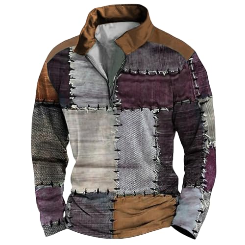 Wankang Men's Hippy Shirts Quarter Zip Pullover Plaid Patchwork Sweatshirt Long Sleeve Vintage Streetwear Tops for Men