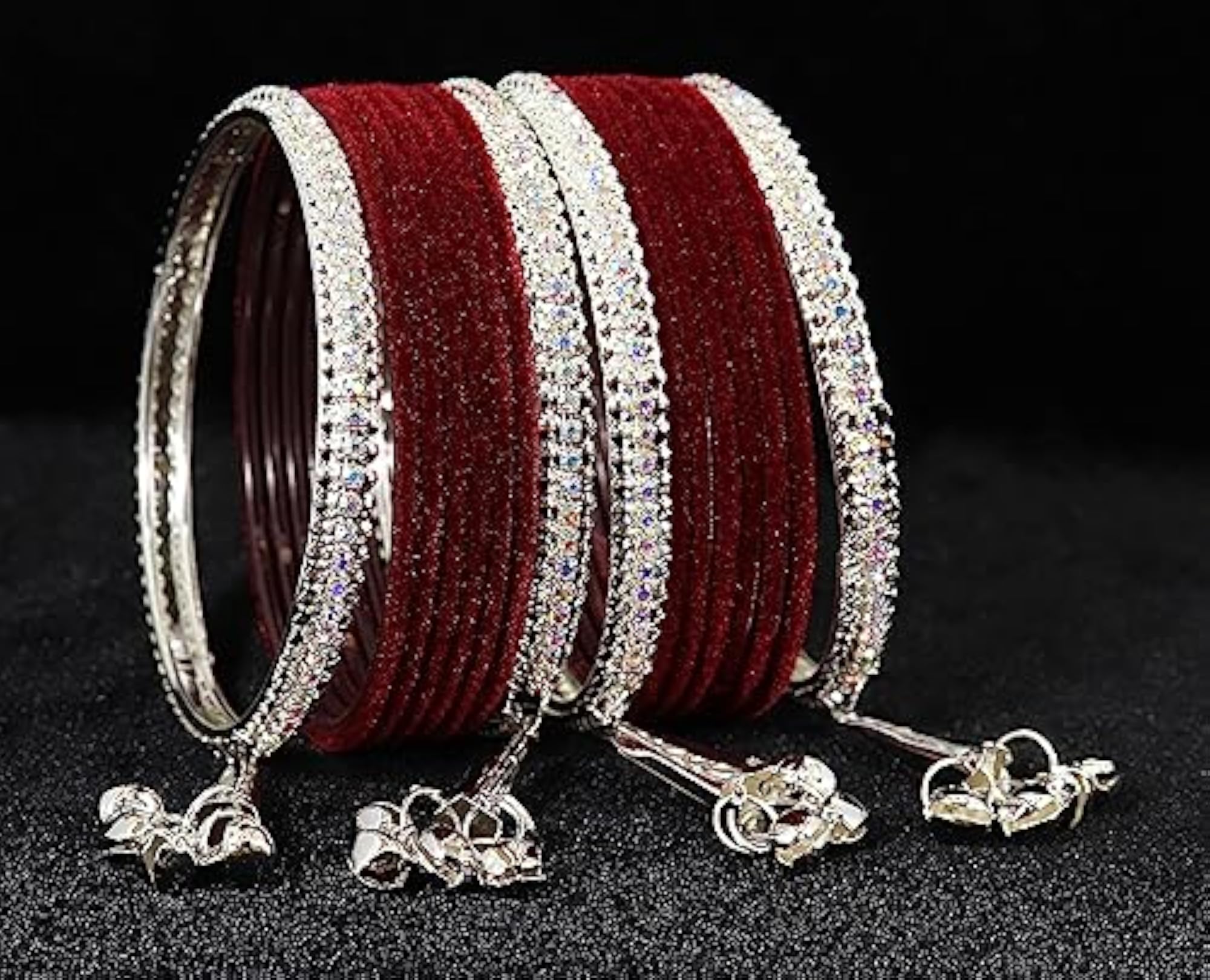 Zircon Gemstone Velvet Bangles Set With Studded Bells - 2.4 Inches