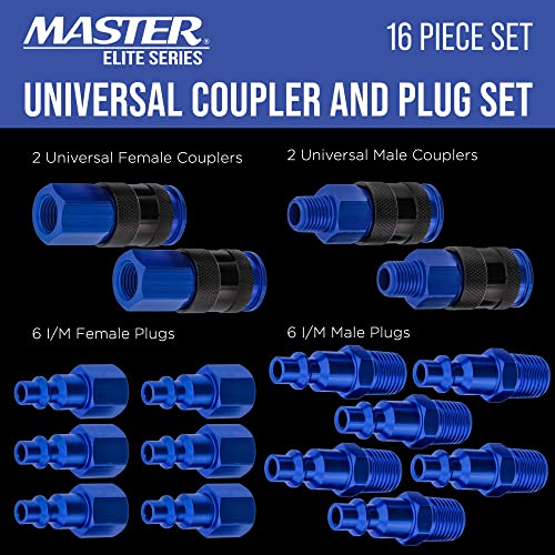 Master Elite Series 16 Piece Air Hose Fittings Set Kit - 4 Universal Air Couplers & 12 I/M Industrial Type Plugs, 1/4" Npt Male & Female Threads - Attach To Compressor, Pneumatic Air Tools, Spray Guns #TOP1