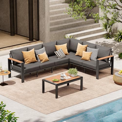 ComfCove Aluminum Outdoor Patio Furniture Set 6 Seats, Outdoor Sectional Corner Sofa Set, Patio Conversation Sets with Washable Cushions & Coffee Table, Patio Furniture for Backyard, Porch, Graphite