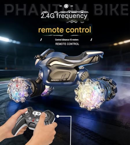Image of Amitasha ATV Style RC Drift Bike with 360 Rotation, 2.4GHz Remote & Hand Sensor Control Motorbike, Twist Deformation, LED Wheels, Inbuilt Music & 1-Click Demo Rechargeable Motorcycle for Boy