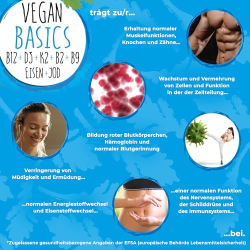 Vegan Basics - Vitamin B12+D3+K2+B2+B9 Folsäure + Eisen + Jod - Komplex mit 120 Kapseln (4 Monats-Vorrat)