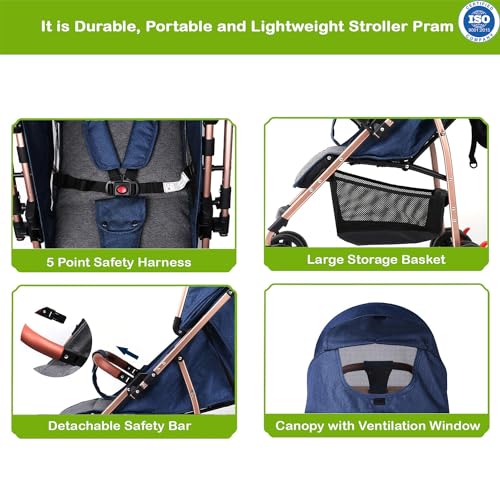 Image of Safe-O-Kid Rover Baby Stroller /Pram with 1 Year Warranty for 0 to 3 Years Travel Friendly with XL Canopy, 5 Point Safety Harness, One Hand Fold, Adjustable backrest, 360 Swivel Wheel - Blue