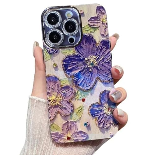 Image of Elzzi Compatible with iPhone 16 Pro Max Case Oil Painting Flower Colorful with Len Prtotection Shockproof PC+TPU Glossy Back Cover for Girls Women, Purple