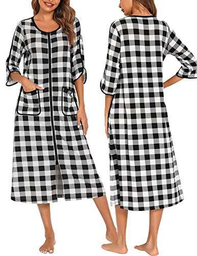 Image of Veseacky Women Robe Zipper Front House Coat 3 /4 Sleeve Nightgown Full Length Ladies Lounge Dress with Pockets S-XXL