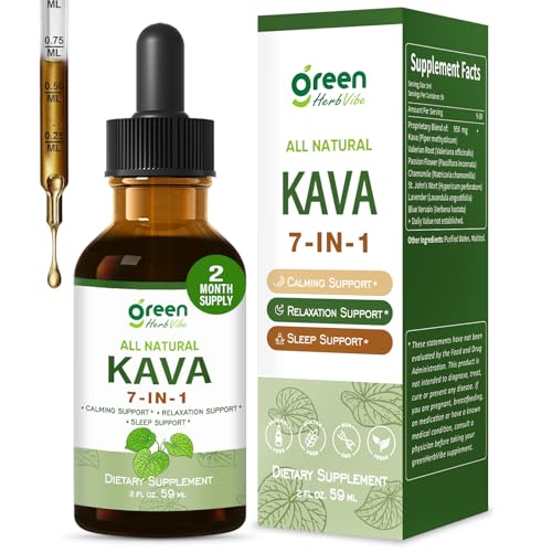 green Herb Vibe Kava Root Extract Drops for Relaxation & Sleep Support Kava Kava Natural Supplement for Calming 7 in 1 Herbal Complex w/Valerian Root Passion Flower and More. 60 Days Supply. 2 oz