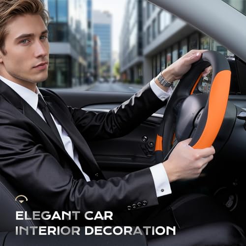 Image of Coverado Car Steering Wheel Cover, Nappa Leather Black & Orange Steering Wheel Covers for Women, Universal 14-15 inch, Anti-Slip, Breathable Steering Wheel Protector