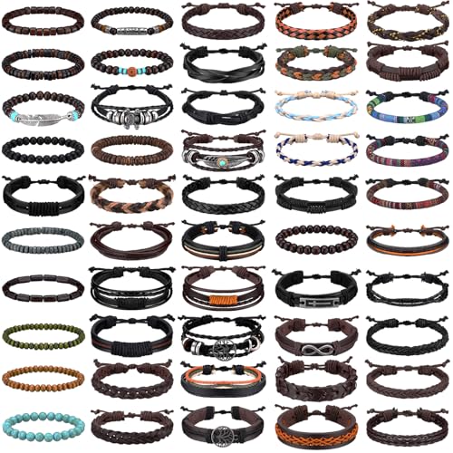 Tondiamo 50 Pcs Braided Leather Bracelets for Men Women Wrap Wooden Bead Cuff Bracelet Hemp Cords Ethnic Tribal Handmade Wrap Wristband Bracelets Set Adjustable for Personal Wearing
