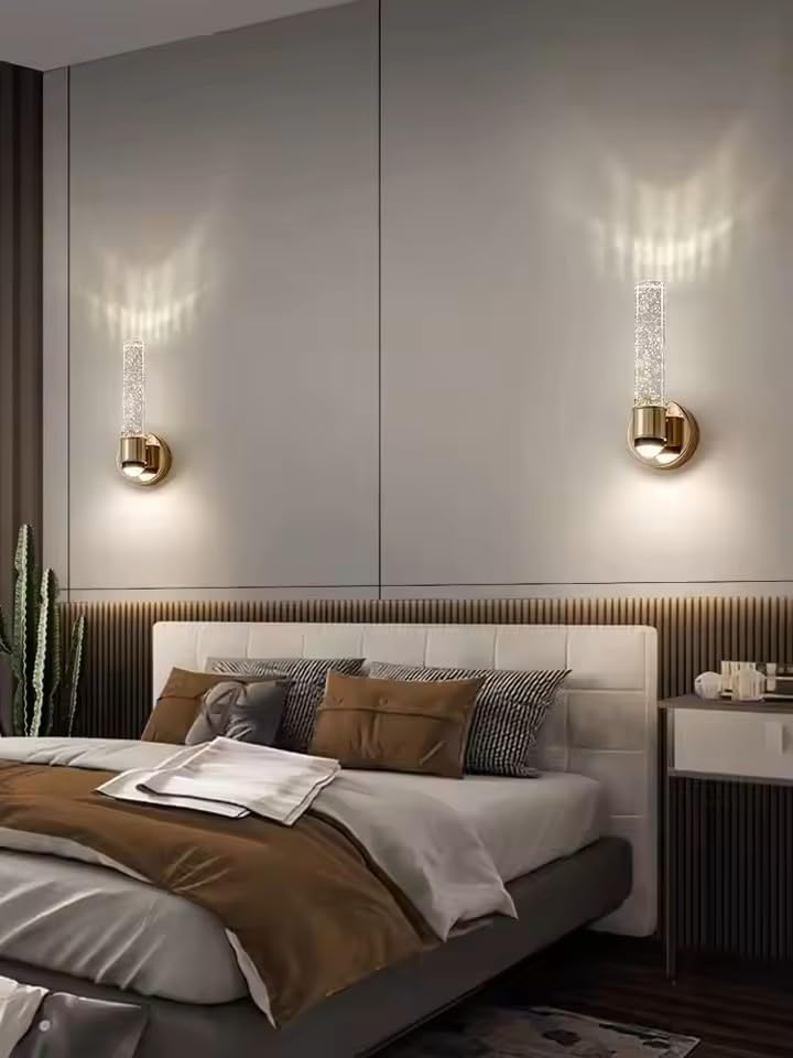Image of Lampmaster Luxury Crystal Bubble Wall Light | Gold Finish LED Sconce with 3 Color Modes | Modern Up /Down Mount Wall Lamp for Interior Decoration, Living Room, Bedroom, Hall, Home Decor | Pack of 2