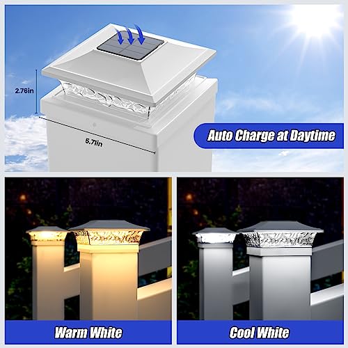 APONUO Vinyl Fence Post Solar Lights,5x5 Vinyl Fence Post Caps Solar Lights 2 Color Mode Outdoor Waterproof for Fence Post Caps 4x4,6x6 Wood&4x4 5x5 Vinyl Deck Post Caps,White,12 Pack - Thumbnail 5