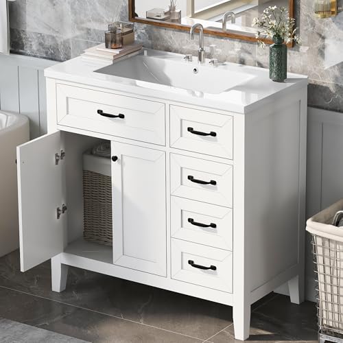 Image of Favfurish 36 inch Bathroom Vanity with Ceramic Sink,Undermount Single Basin Bath Vanity Set w /2 Soft-Close Doors and 3 Drawers,Modern Freestanding Storage Cabinet,Solid Wood Frame,White