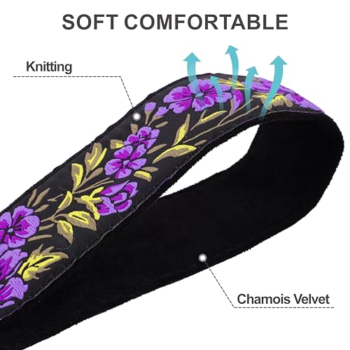 Image of Padwa Lifestyle Purple Rose Camera Strap - 2 inch Full Grain Leather Ends Camera Straps for Photographers, Vintage Embroidered Cotton Soft Suede Fabric Padded Strap Quick Release fits All Cameras